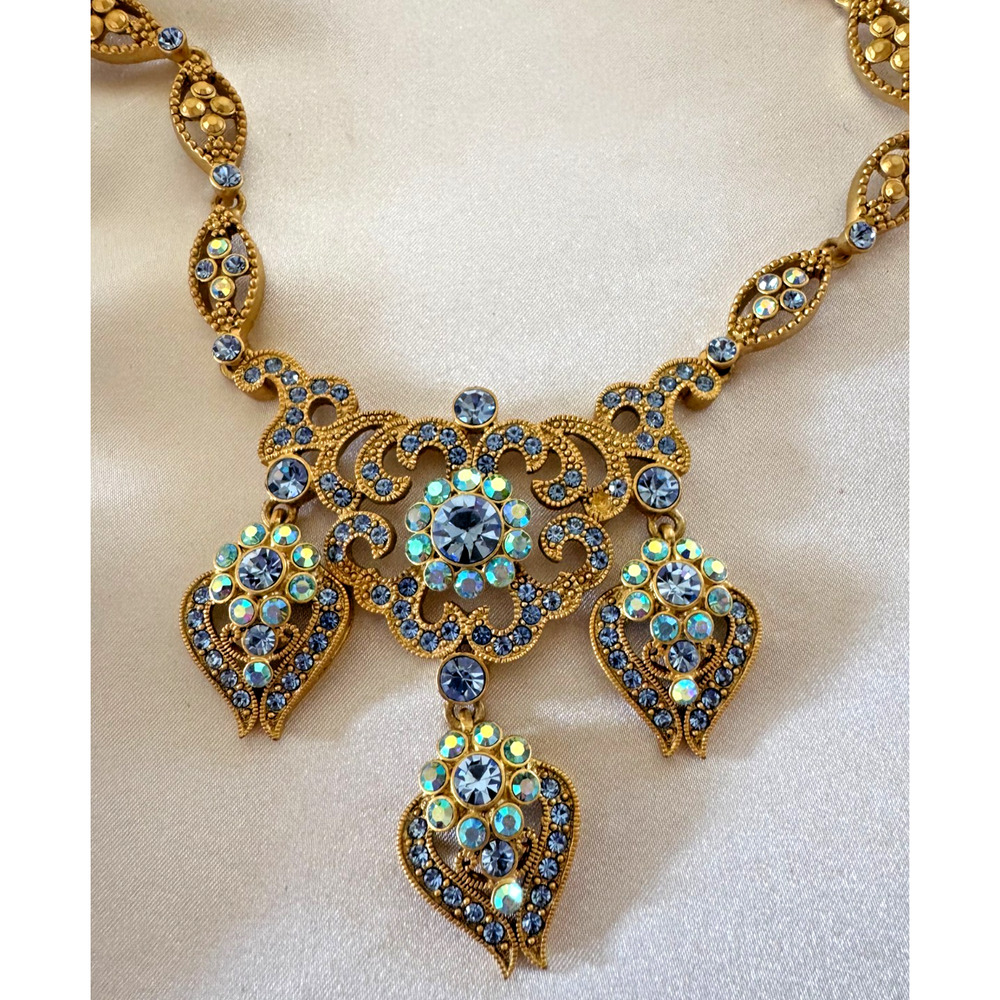 Suzanne Somers Crystal Iridescent Blue Dangle Statement 3D Necklace w Box